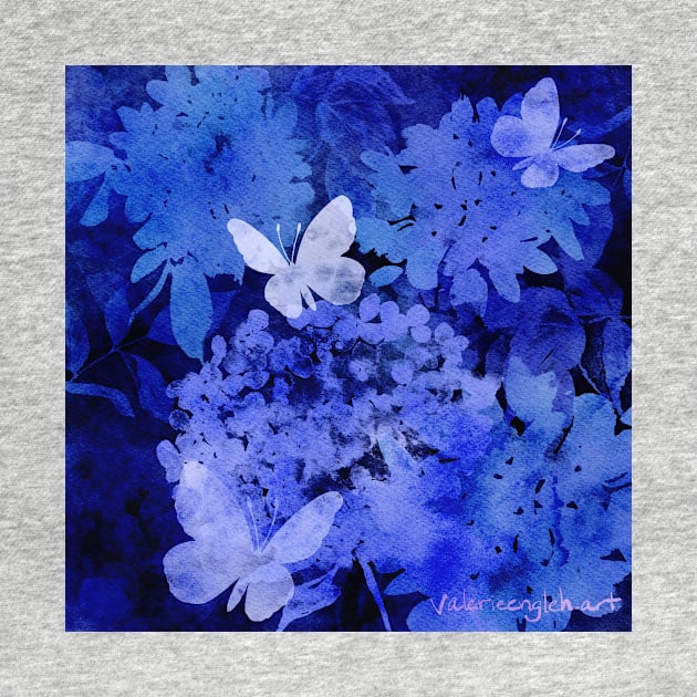 Butterflies and Hydrangeas Negative Painting Blue by venglehart